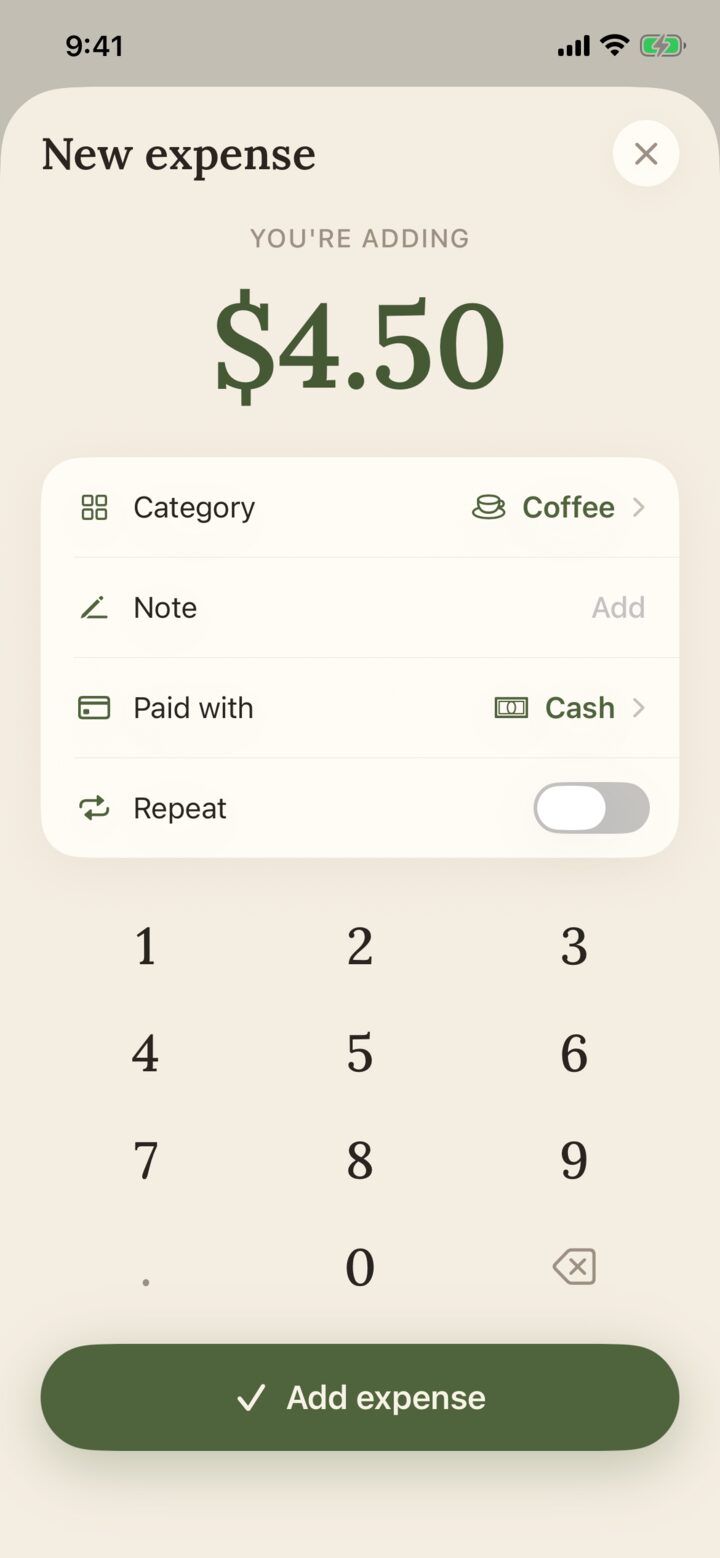 Logging an expense with the keypad