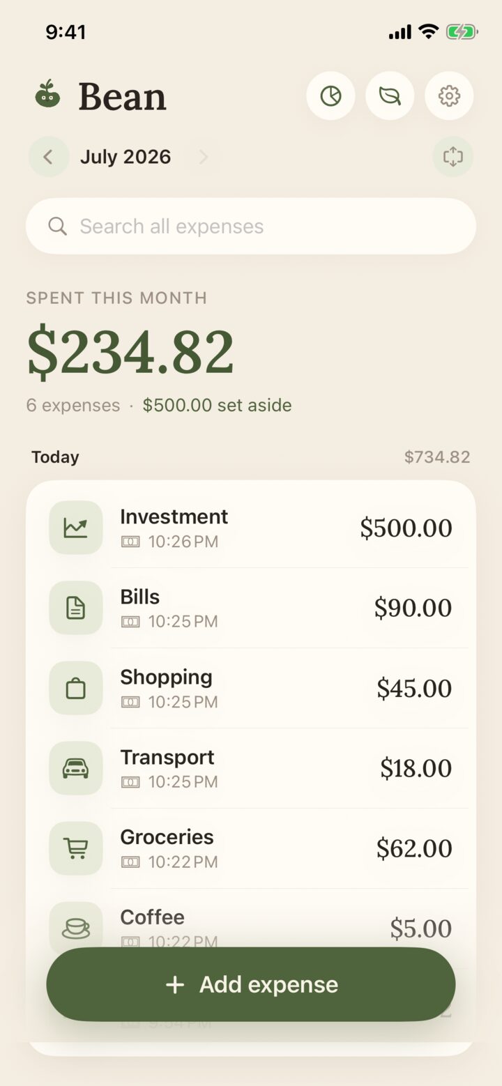 Bean home screen showing this month's spending