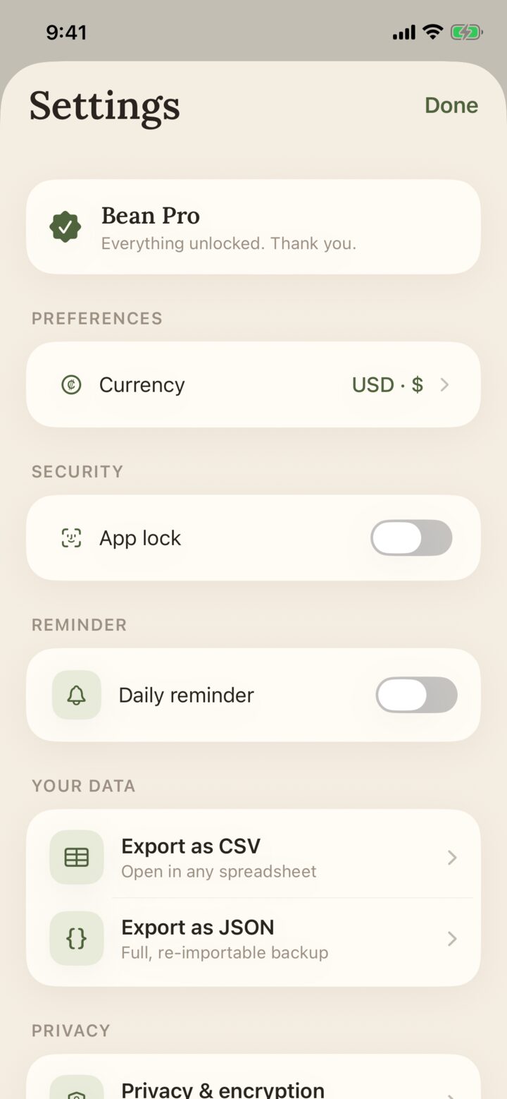 Private settings and export